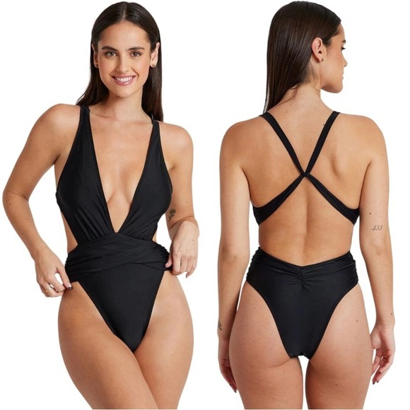 NWOT Cupshe Black Black Mindful Solids Plunge One Piece Swimsuit Criss Cross ~ - Picture 1 of 11